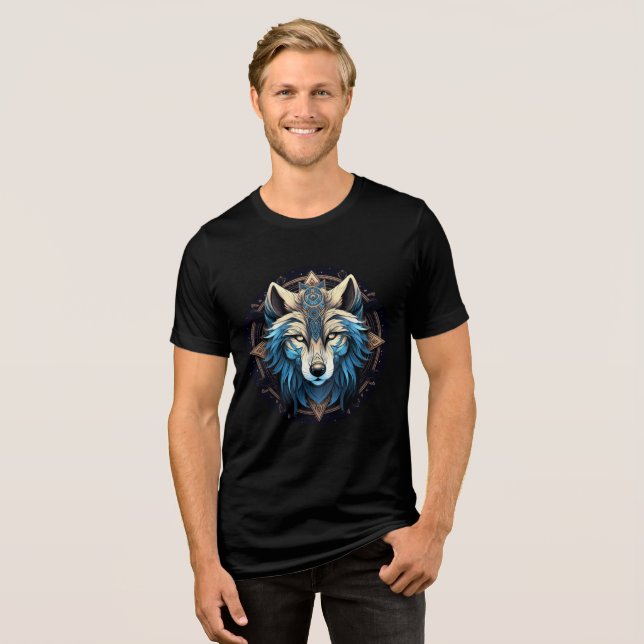 Celestial Blue Wolf with Sacred Symbols Tri-Blend Shirt (Vorderseite voll)