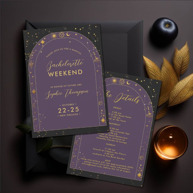 Celestial Boho Arch Junggeselinnen-Abschied Itiner Einladung (new orleans nola celestial mystical horoscope tarot bachelorette party itinerary boho arch gold star)