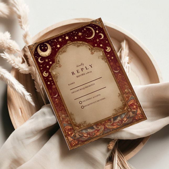 Celestial Burgundy Baroque Wedding RSVP Karte (Von Creator hochgeladen)
