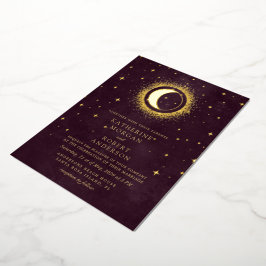 Celestial Burgundy Gold Moon and Stars Wedding Folieneinladung