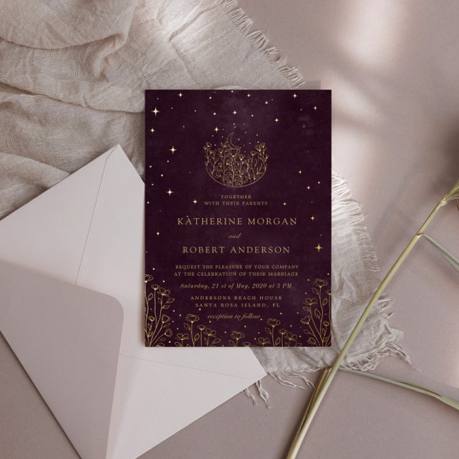 Celestial Burgundy Gold Moon and Stars Wedding Folieneinladung (Von Creator hochgeladen)