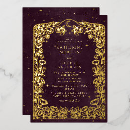 Celestial Burgundy Gold Moon and Stars Wedding Folieneinladung