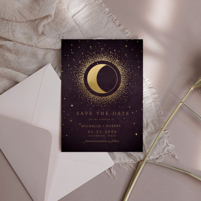 Celestial Burgundy Gold Moon Save the Date Einladung (Von Creator hochgeladen)