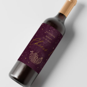 Celestial Burgundy Gold Moon Wedding Wine Label Weinetikett