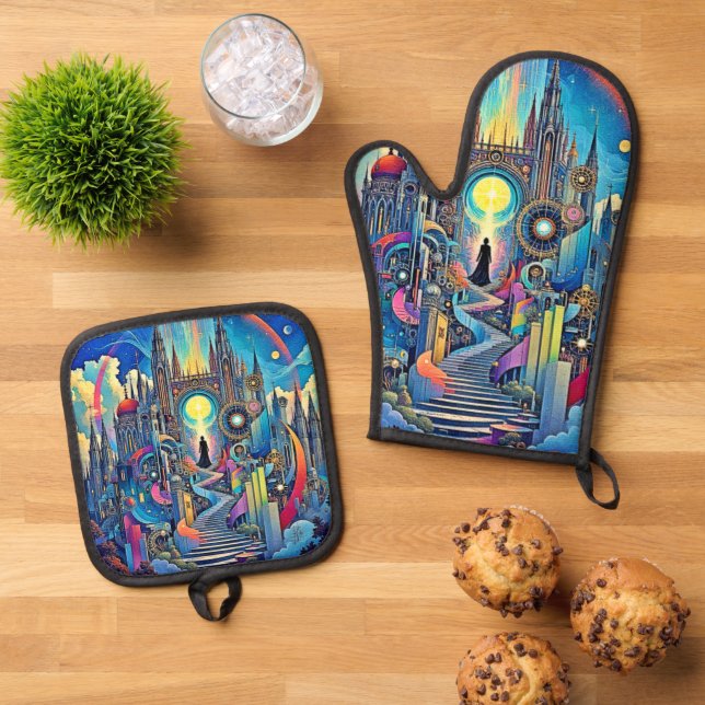 Celestial Cathedral Cityscape Ofenhandschuh & Topflappen-Set (Oben Unten)