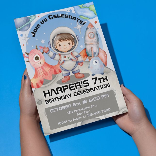 Celestial Celebration: Light Blue Astronaut Einladung (Stellar Space Adventures: Watercolor Kids Birthday Collection)