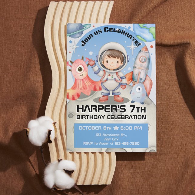 Celestial Celebration: Light Blue Astronaut Einladung (Stellar Space Adventures: Watercolor Kids Birthday Collection)