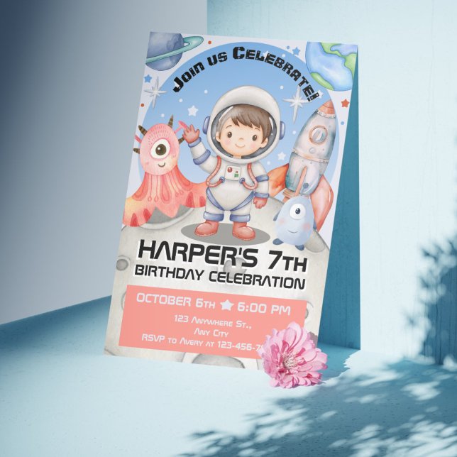 Celestial Celebration: Light Blue Astronaut Einladung (Stellar Space Adventures: Watercolor Kids Birthday Collection)