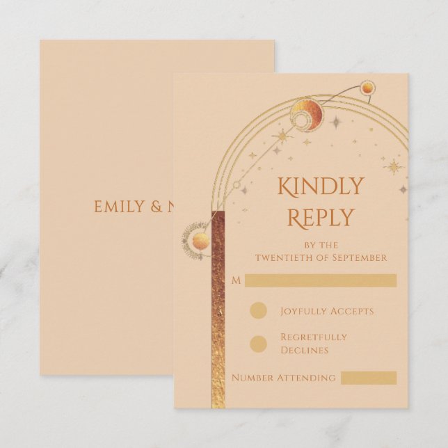 Celestial Champagne Gold Sun Moon Stars Hochzeit RSVP Karte (Vorne/Hinten)