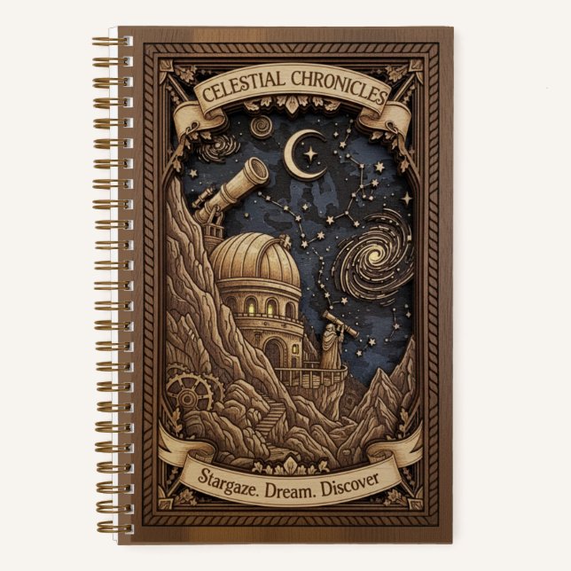 Celestial Chronicles Observatory Wood Carved  Notizbuch (Vorderseite)