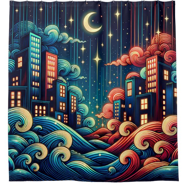 "Celestial Cityscape with Whimsical Waves" Duschvorhang (Vorderseite)