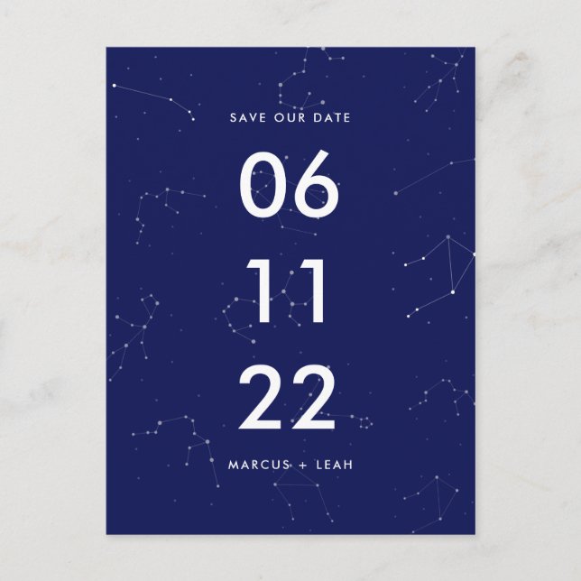 Celestial Constellation Blue Stars Save the Date Postkarte (Vorderseite)