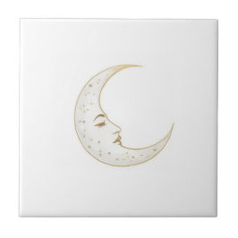 Celestial Crescent Moon Face Gold Silver White Fliese