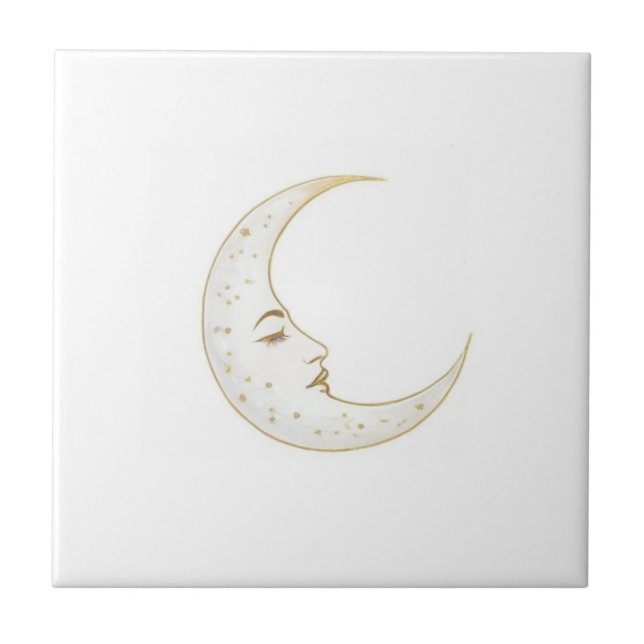 Celestial Crescent Moon Face Gold Silver White Fliese (Vorderseite)