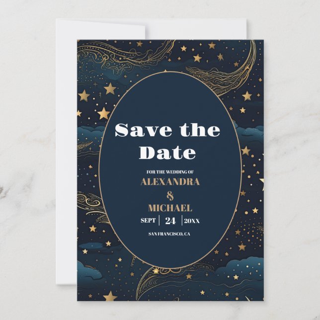 Celestial Crescent Moon Gold Wedding Save The Date (Vorderseite)