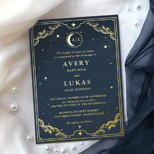 Celestial Crescent Moon Navy Blue Wedding Gold Folieneinladung