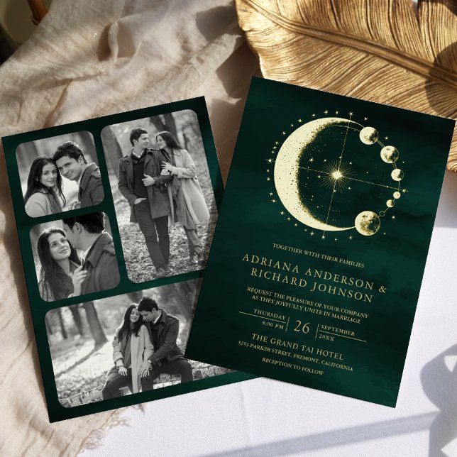 Celestial Crescent Moon Phase Emerald Wedding Gold Folieneinladung (Von Creator hochgeladen)