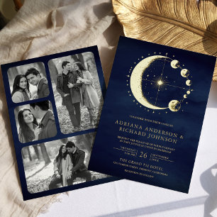 Celestial Crescent Moon Phases Blue Wedding Gold Folieneinladung