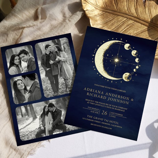 Celestial Crescent Moon Phases Blue Wedding Gold Folieneinladung (Von Creator hochgeladen)