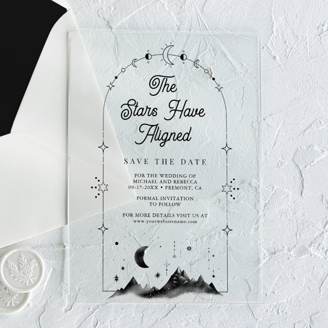 Celestial Crescent Moon Wedding Save the Date Acryleinladungen (Von Creator hochgeladen)