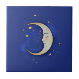 Celestial Crescent Moon with Face Gold Dark Blue Fliese