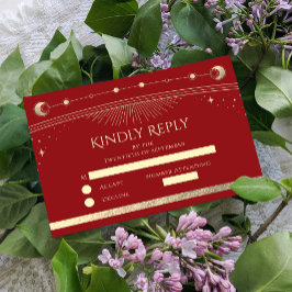 Celestial Dark Red Gold Sun Moon Stars Hochzeit RSVP Karte