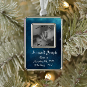 Celestial Deep Blue Outer Space Birth Keepake Rahmen-Ornament Silber
