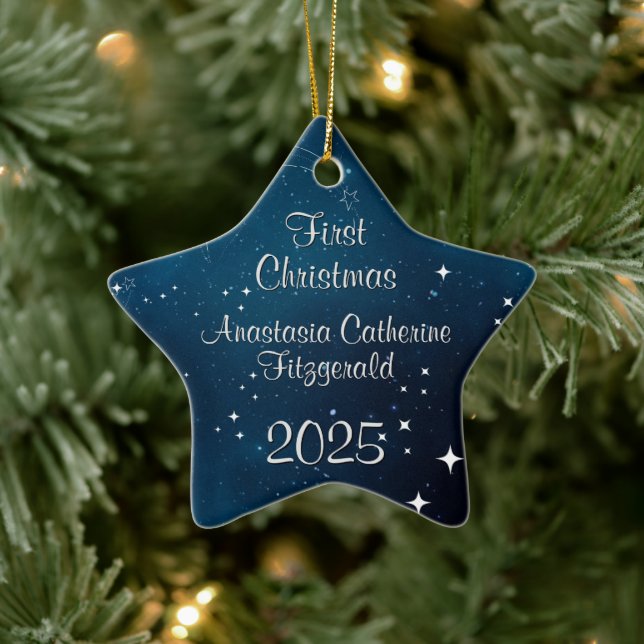 Celestial Deep Blue Space Baby's First Christmas Keramik Ornament (Baum)