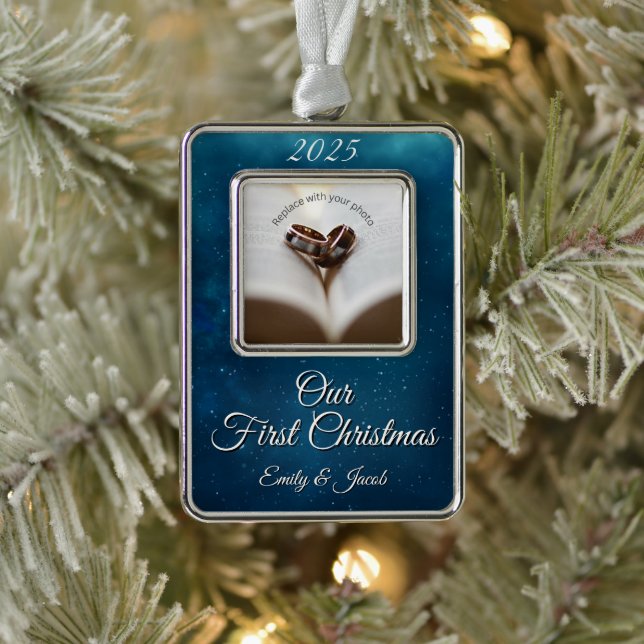 Celestial Deep Blue Unsere ersten Weihnachten geme Rahmen-Ornament Silber (Baum)