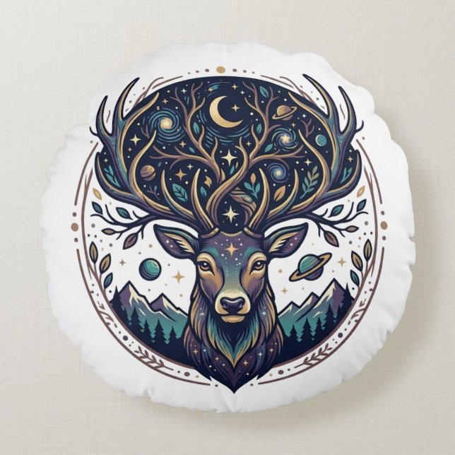 Celestial Deer Mystical Moon & Star Art Stag Rundes Kissen (Vorderseite)