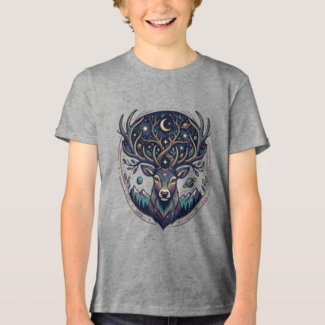 Celestial Deer Mystical Moon & Star Art Stag Tri-Blend Shirt (Vorderseite)