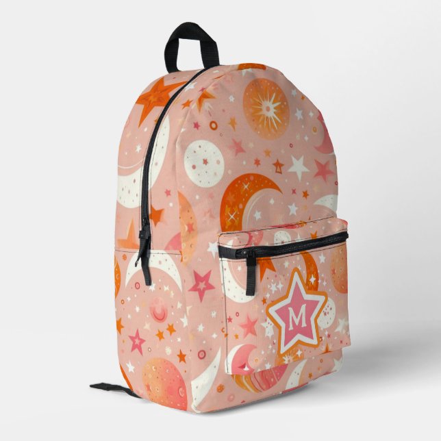 Celestial Dreams Orange und Pink Monogram Bedruckter Rucksack (Rückseitige Ecke links)