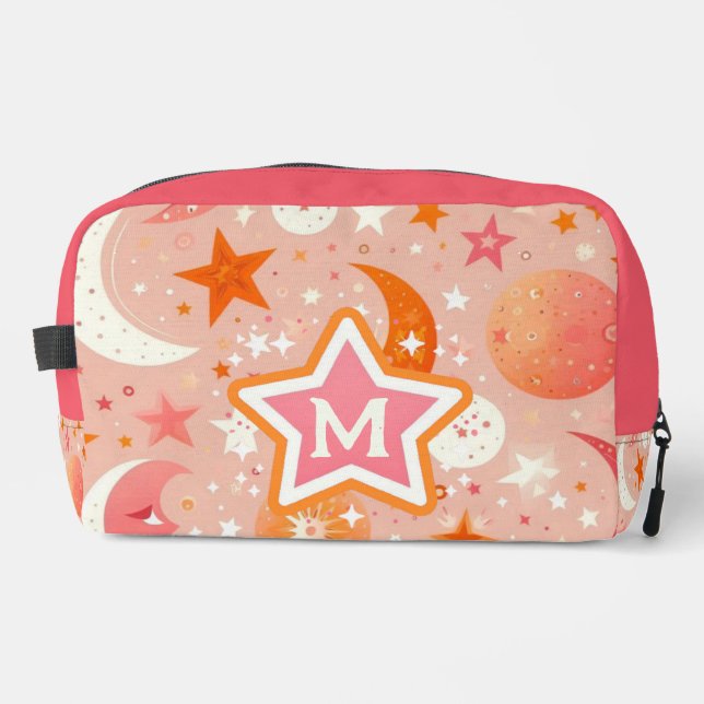 Celestial Dreams Orange und Pink Monogram Waschbeutel (Vorderseite)