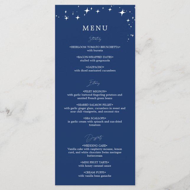 Celestial Elegant Navy Blue Wedding Flat Menu Menükarte (Vorderseite)