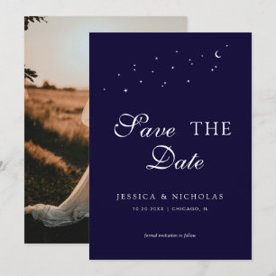 Celestial Elegant Script Blue Wedding Foto Save The Date