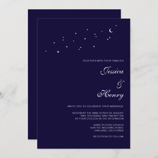 Celestial Elegant Script Midnight Blue Wedding Einladung (Vorne/Hinten)