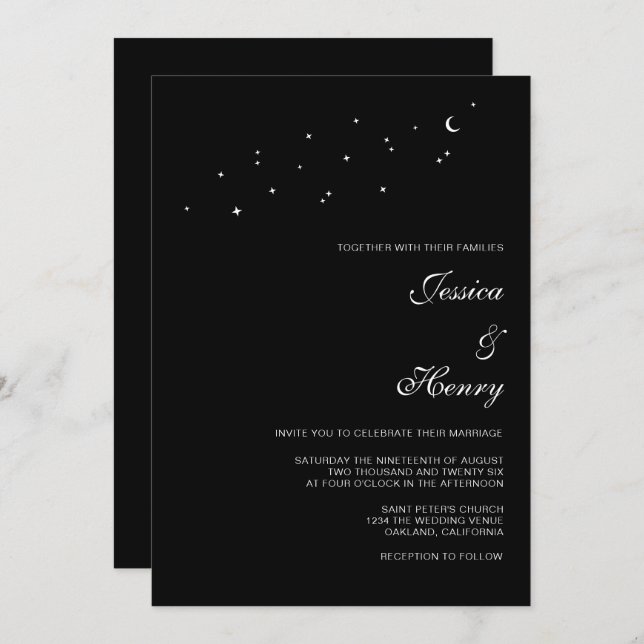 Celestial Elegant Script Minimalistisch Black Wedd Einladung (Vorne/Hinten)