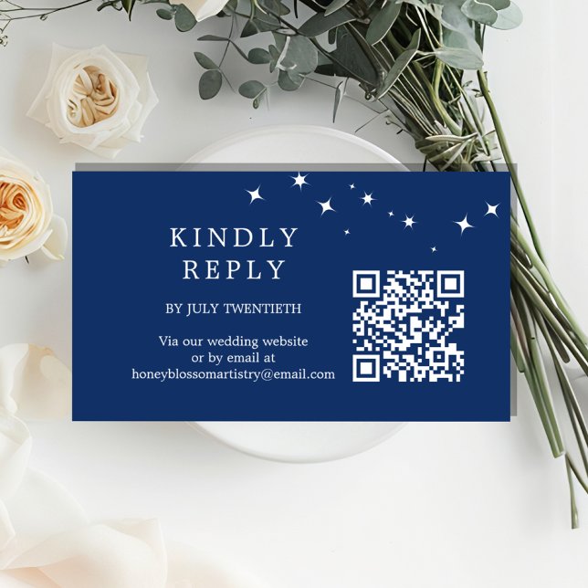 Celestial Elegant Wedding Navy Blue QR Code RSVP Begleitkarte (Von Creator hochgeladen)