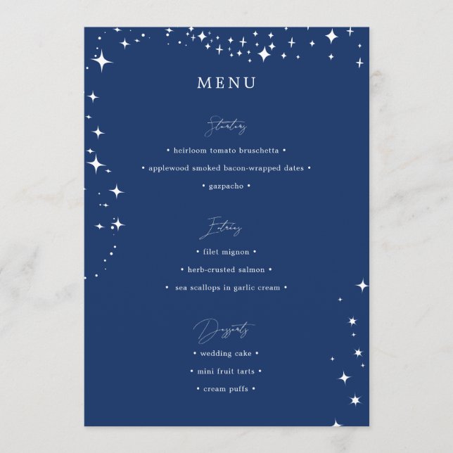 Celestial Elegant Wedding Simple Navy Blue Menü Menükarte (Vorderseite)