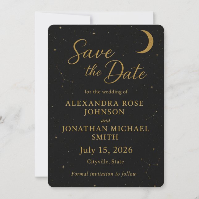Celestial, elegante Black & Gold Save the Date Einladung (Vorderseite)