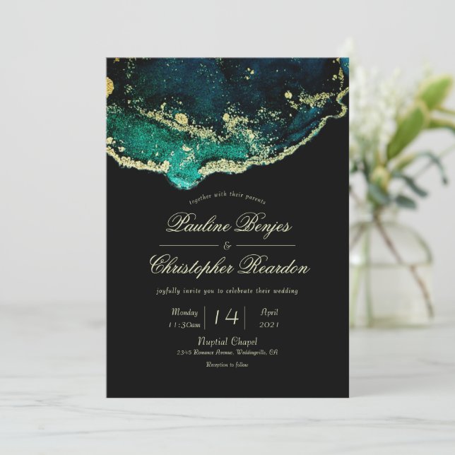 Celestial Emerald Black Gold Ink Wash Wedding Einladung (Stehend Vorderseite)