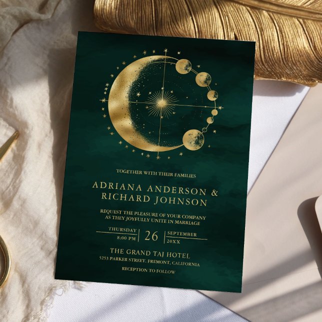 Celestial Emerald Gold Crescent Moon Phase Wedding Einladung (Von Creator hochgeladen)