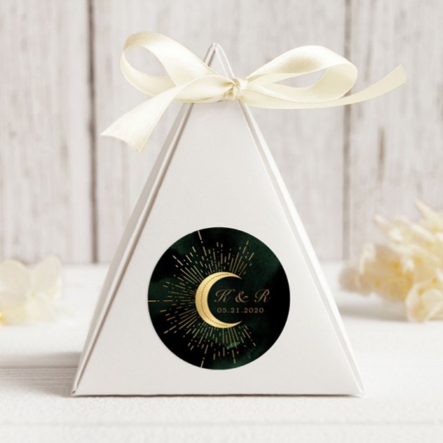Celestial Emerald Gold Moon Wedding Classic Round Runder Aufkleber (Von Creator hochgeladen)