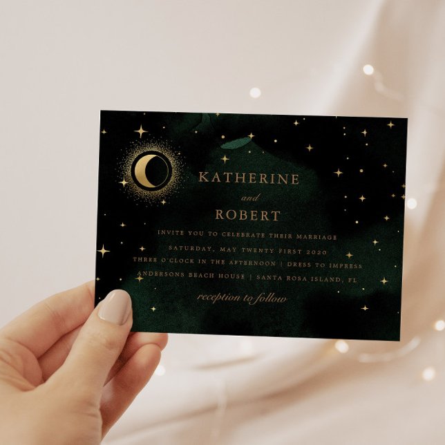 Celestial Emerald Gold Moon Wedding Einladung (Von Creator hochgeladen)