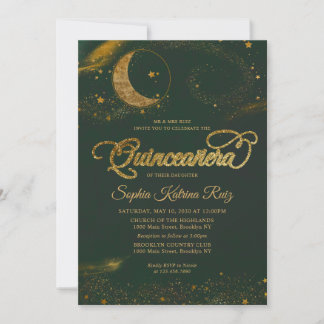 Celestial Emerald Green Gold Star Moon Quinceanera Einladung