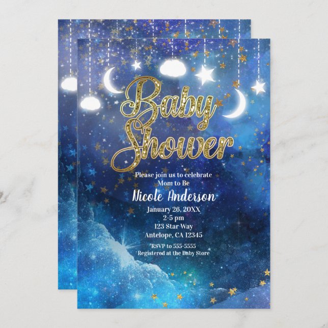 Celestial Fantasy Gold Stars & Glow Baby Shower Einladung (Vorne/Hinten)