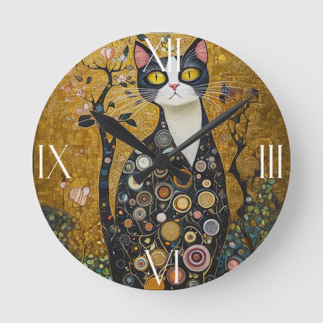 Celestial Feline in Gold Runde Wanduhr (Vorderseite)