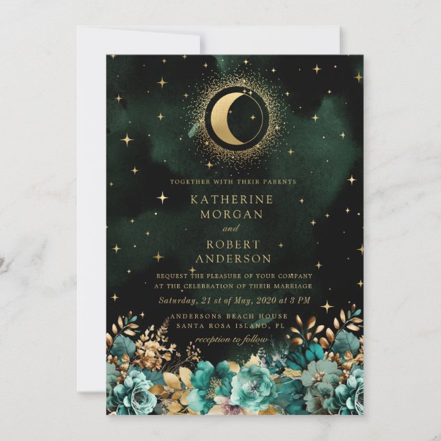 Celestial Floral Aquamarin Stars Moon Wedding Einladung (Vorderseite)