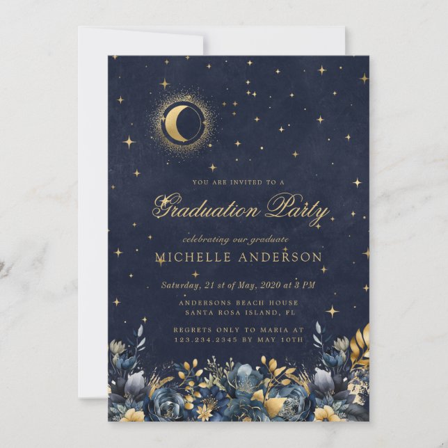 Celestial Floral Blue Stars Moon Graduation Party Einladung (Vorderseite)