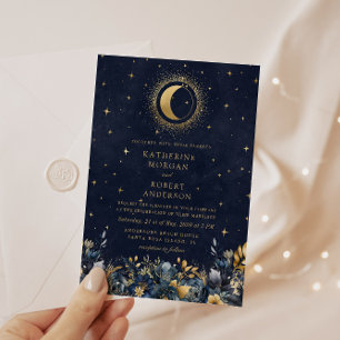 Celestial Floral Blue Stars Moon Wedding Einladung